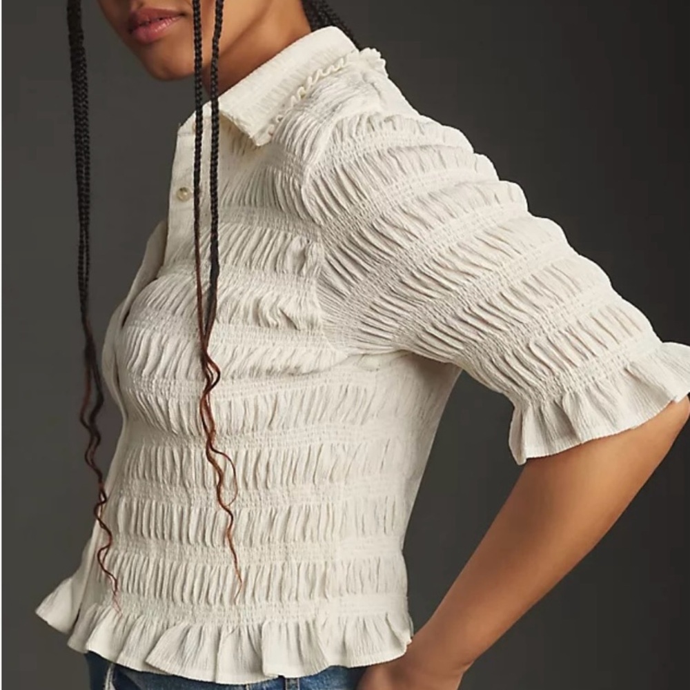 Anthropologie White Ruffled Button-Front Blouse - Picture 3 of 15